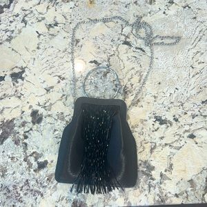 Black silk beaded clutch with metal shoulder strap EUC